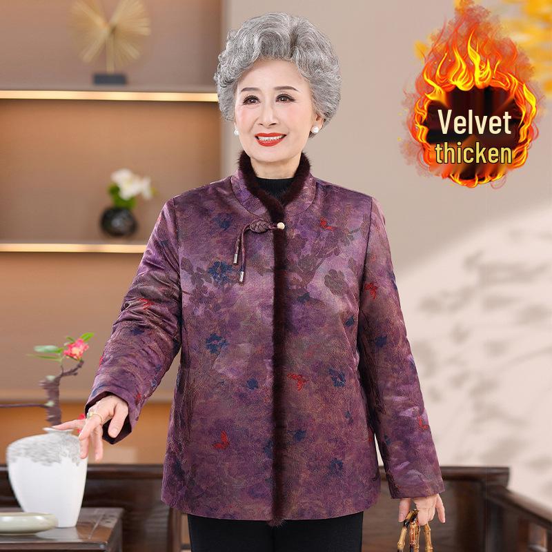Elegant Floral Winter Coat for Elderly Women - Fur-Lined, Thickened, Stylish Grandmother's Clothing