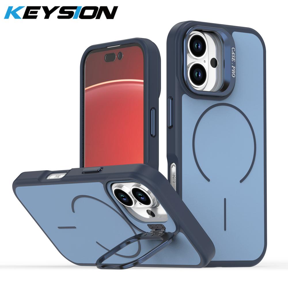 KEYSION Matte Skin Feel Lens Stand Phone Case for Magsafe for iPhone 16 Pro Max 16 Plus Magnetic Wireless Charging Shockproof Cover