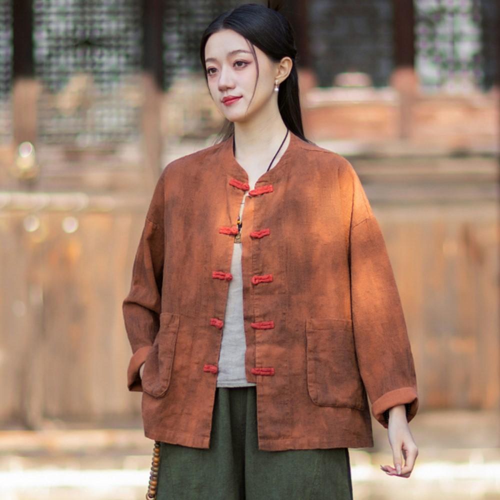 Women Vintage Shirts Tops Stand Long Sleeve Spring Chinese Style Button High Quality Cardigan Blouses
