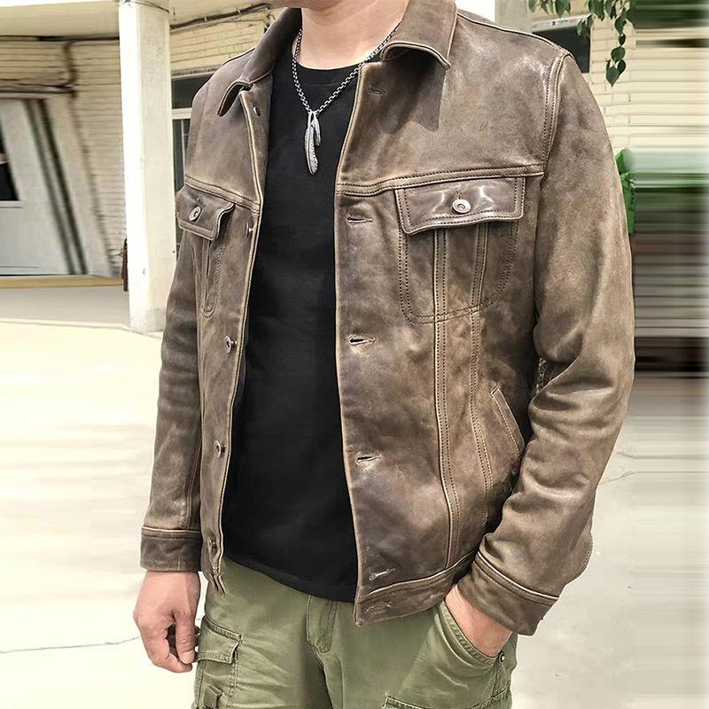 May Kaji vegetable tanned goat leather leather jacket men's washed pleated American casual denim leather jacket