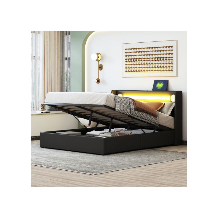 Lit 140x200 - MUVOE - Lit avec LED - Bluetooth - Rangement - Cuir PU