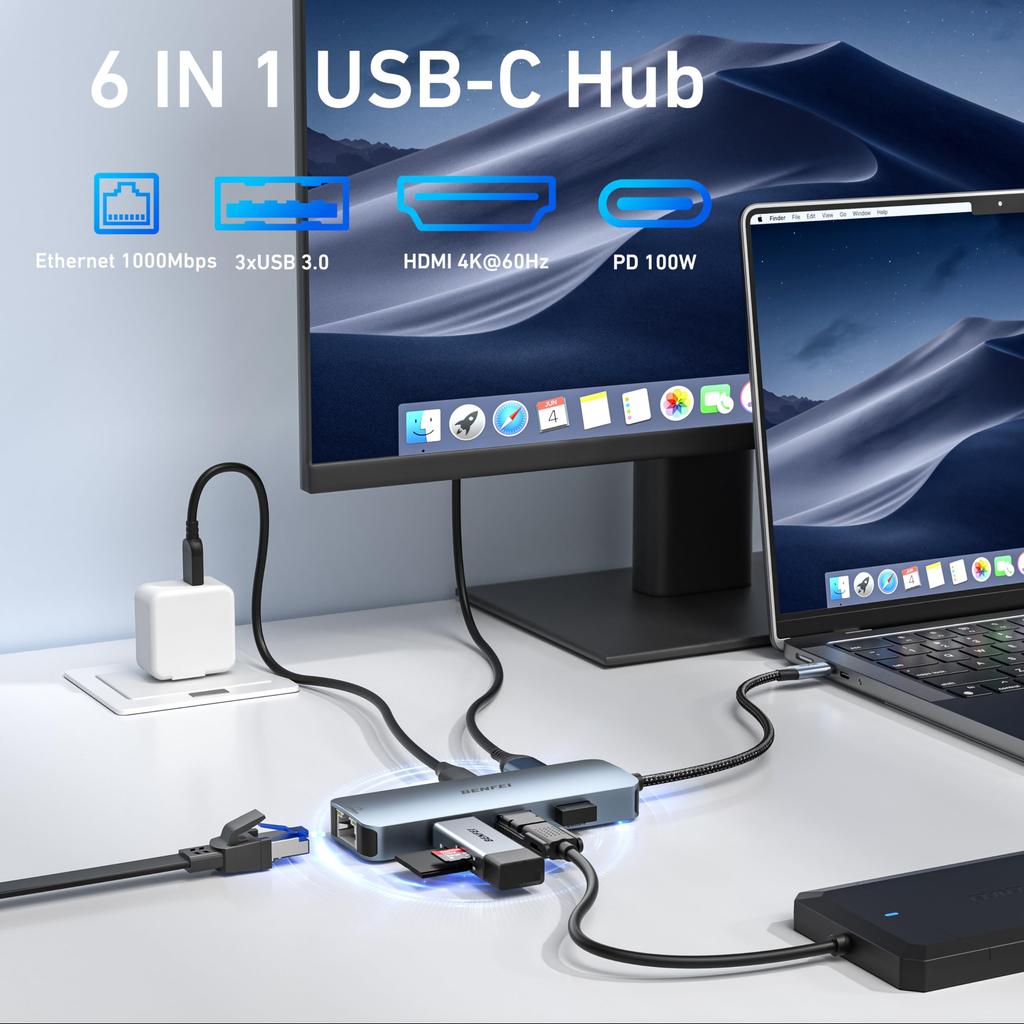 BENFEI USB C Hub 6-in-1: HDMI (4K@60Hz), Gigabit LAN, 100W PD Charging, 3 USB 3.0 Ports, Silicone Cable & Aluminum Case Included. Multi-functional Hub