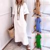 Women's White Linen-Look Maxi Dress Casual Stand Collar Half Sleeve Loose-Fit Tunic Dress