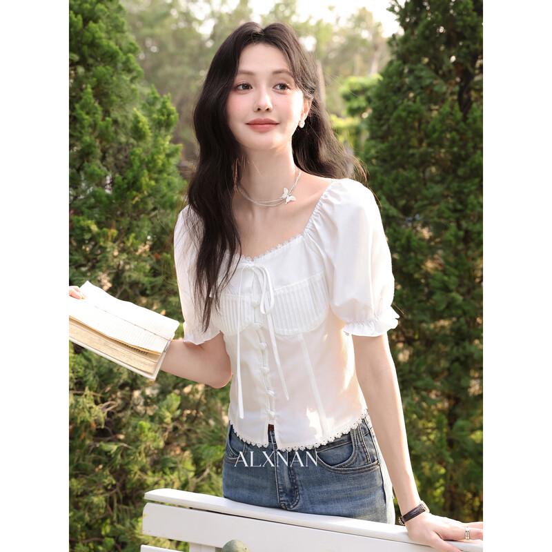 Women s French Style Lace Trim Puff Sleeve White Shirt M белый