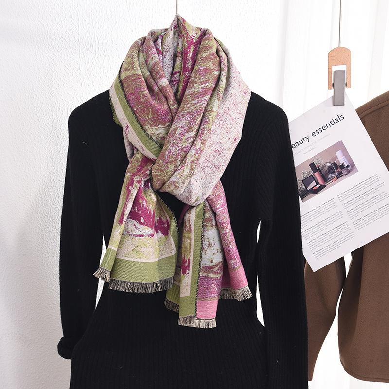 Korean Style Fashionable Rural Scenery Big Tree Printed Temperament Scarf Women's Long Warm and High End Imitation Cashmere Shawl