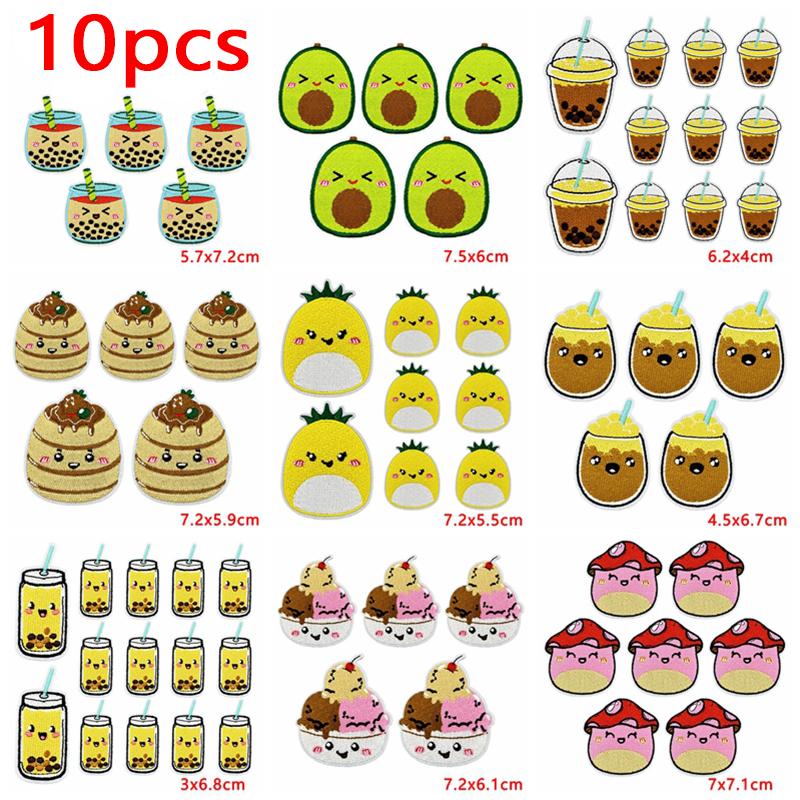 10pcs Wholesale Cute Food Series Embroidery Patches Diy Cartoon Iron On Patches For Clothing Sew Stickers Badge Applique