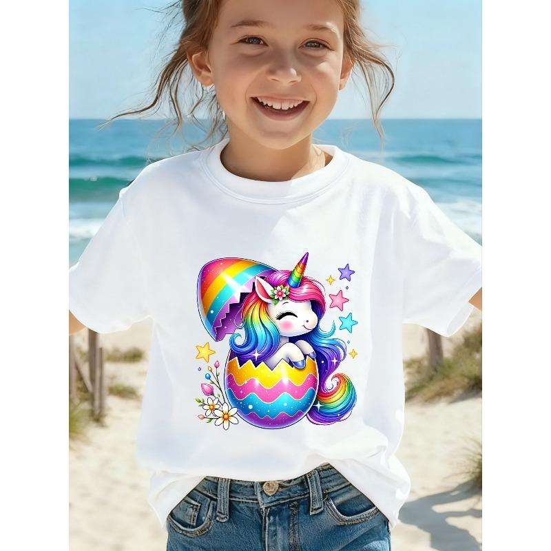 European sizes Cartoon Unicorn T-Shirt Outfit Spring Summer Girls' Casual Cute Round Neck Short Sleeve Holiday Party Birthday Gift Affordable