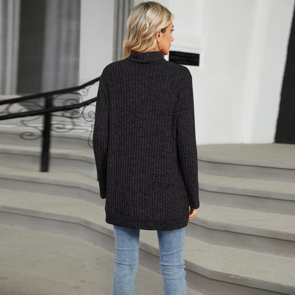 2024 High-Neck Loose Long-Sleeve Slit T-Shirt for Women: Autumn/Winter Collection