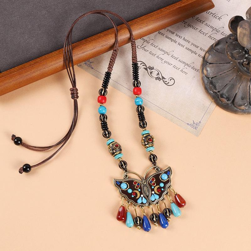 Original Design Nepalese Butterfly Necklace Vintage Clavicle Chain Exotic Style Tassel Frontier Tibetan Headdress