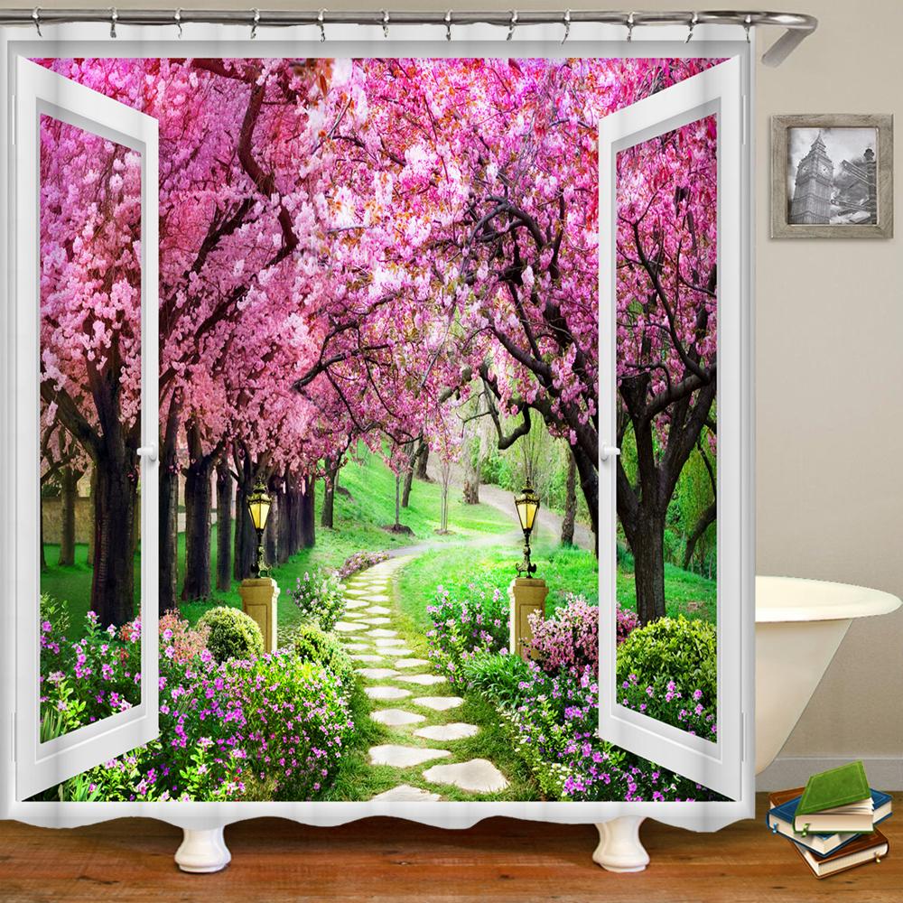 3D Beautiful colorful flower landscape printing bathroom waterproof shower curtain polyester curtain home decoration curtain
