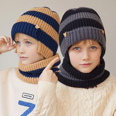 2Pcs Winter Children Hat Scarf Set Simple Striped Knitted Beanie Outdoor Skiing Kids Hat Boy Girl Ear Protection Pullover Bonnet