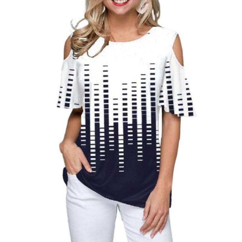 

Футболка женская Свободный комфортный топ с цветочным принтом и круглым вырезом с коротким рукавом и открытыми плечами 5XL темно-синий