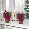 2 Pack Mini Christmas Tree with Red Poinsettia, Berries & Pine Cones - Artificial Potted Tabletop Decor for Home, Fireplace, Man