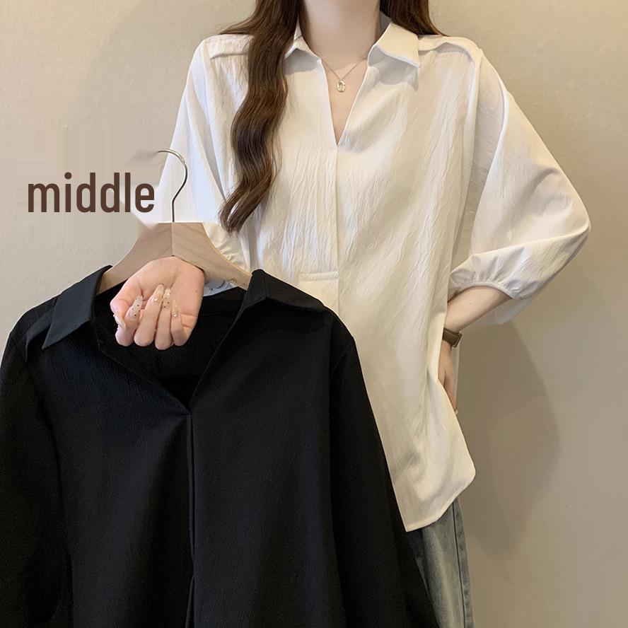 2026 Summer Women s Plus Size Loose Slimming Mid-Sleeve Pullover with Half-Open Collar XL
