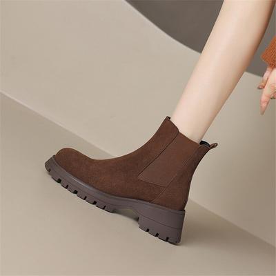 Modă Femei Cizme cu Platformă din Piele de Vaci cu Vârf Rotund și Toc Gros pentru Femei Cizme Scurte de Iarnă la Modă Slip-on Cizme Concise pentru Femei