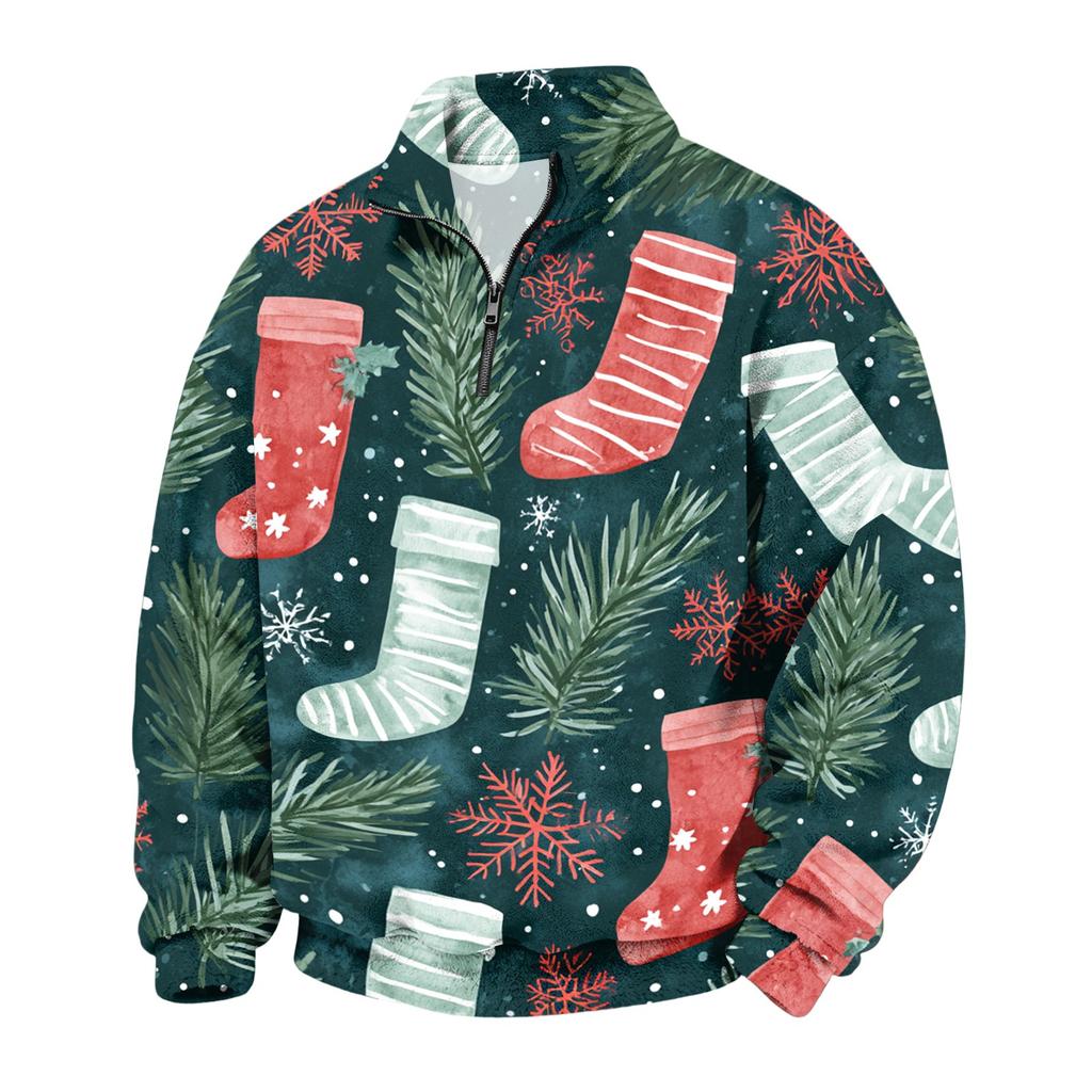 Men's Casual Flannel Quarter-Zip Long Sleeve Sweatshirt with Christmas Print