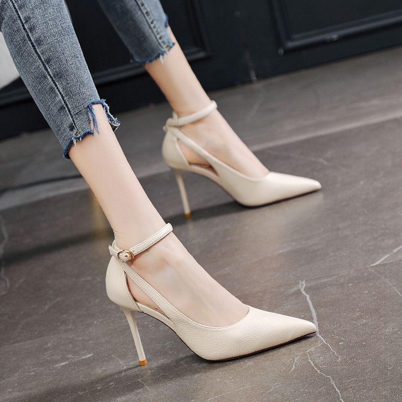 French beautiful one-word buckle with high heels for women's 2025 summer and autumn new pointed-toed thin-heeled royal sister sexy temperament sin