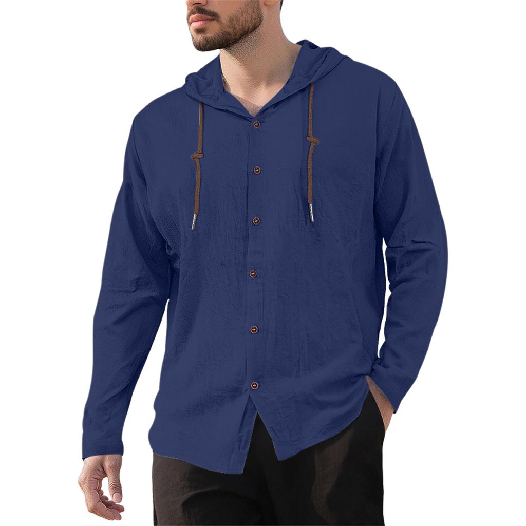 Men's Casual Cotton-Linen Blend Hooded Button-Down Shirt