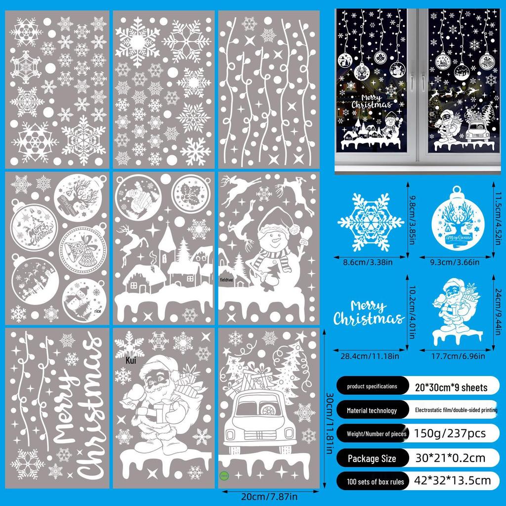 Christmas Snowflake and Reindeer Wall & Window Stickers - Static Santa Claus Decor for Refrigerator and Shops