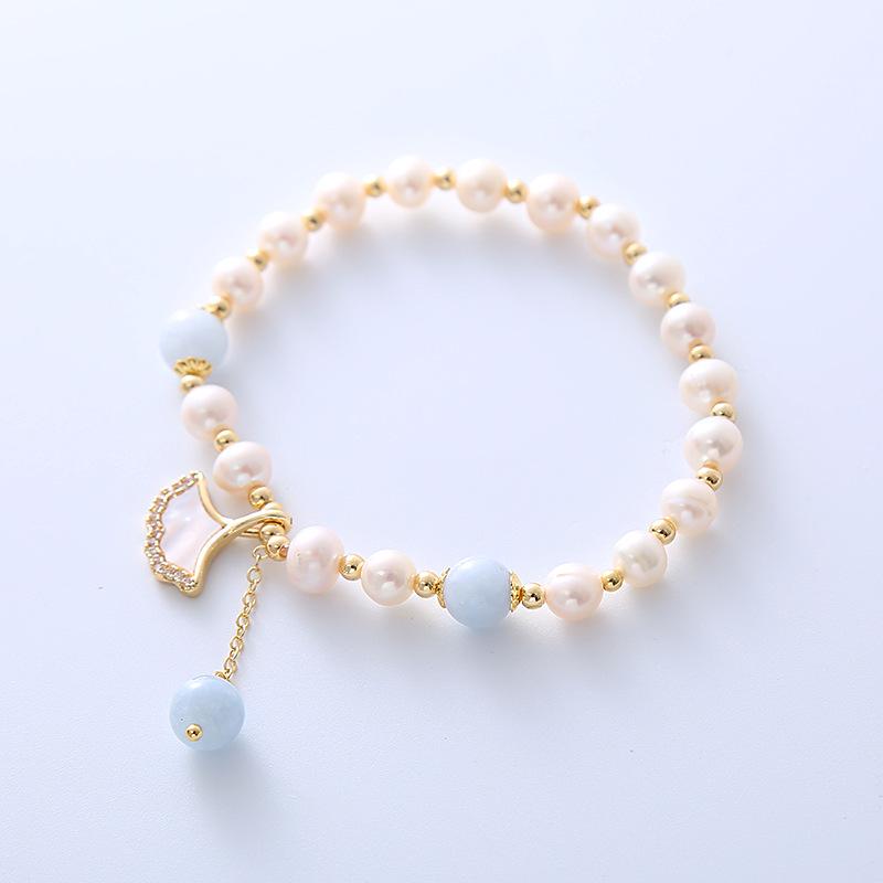 Women's Sea Blue Aquamarine & Pearl Bracelet with Ginkgo Leaf Pendant