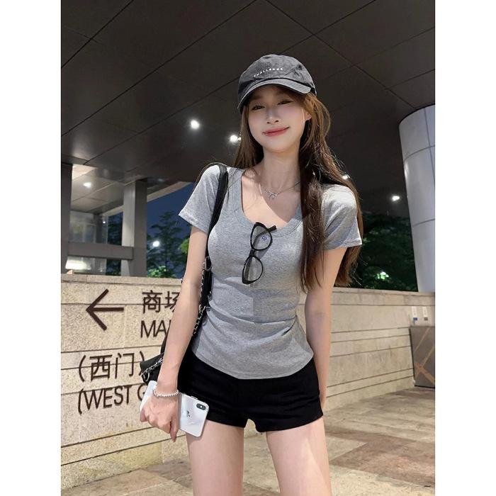 

Basic solid color shoulder short-sleeved T-shirt women s summer sweet and hot girl U-neck waist pinch slim and thin cotton short top S серый