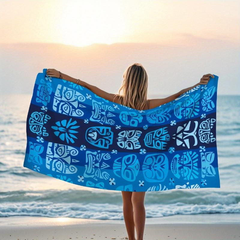 

1pc Navy Blue Tropical Bohemian Tiki Totem Beach Towel-Quick-Dry Absorbent, Durable, Summer Beach, Swimming Pool, Camping W30*H60(CM)