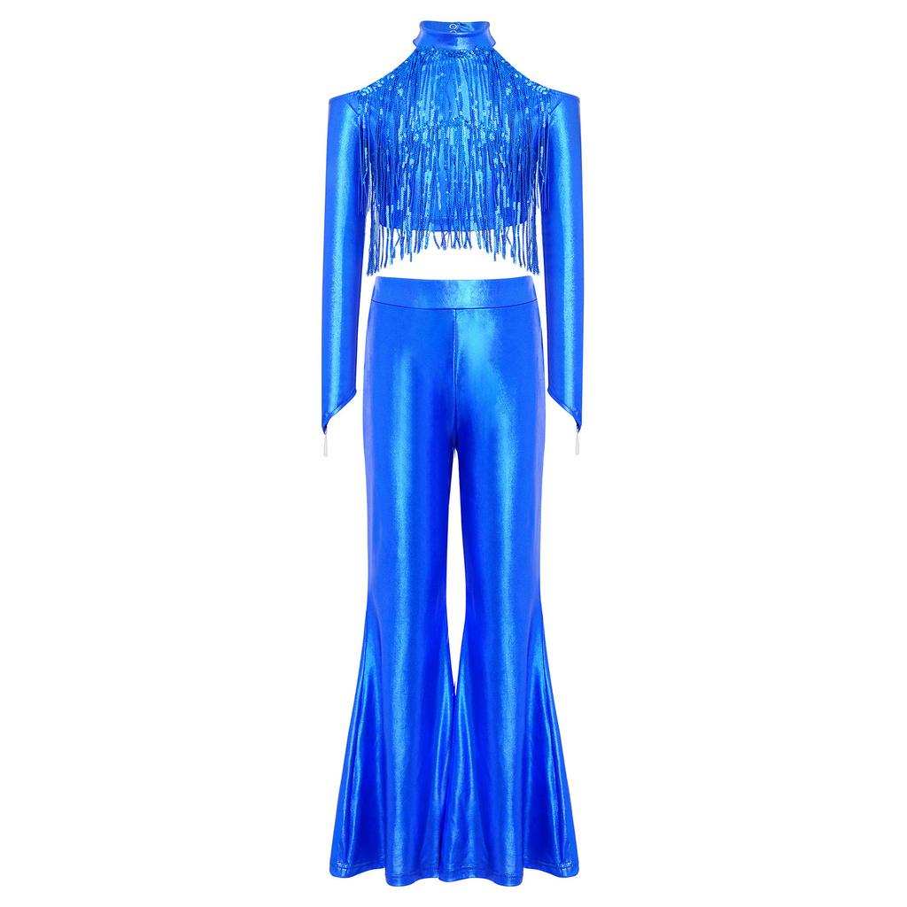 Mädchen Glitzer Pailletten Crop Top Cold Shoulder Fingerlöcher Reißverschluss Hinten Schlaghosen Bühnen-Set