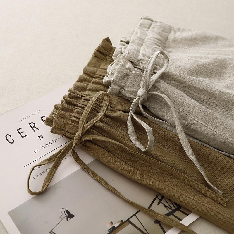 Summer thin cotton and linen literary loose casual wide-leg pants a-word high-waisted shorts women