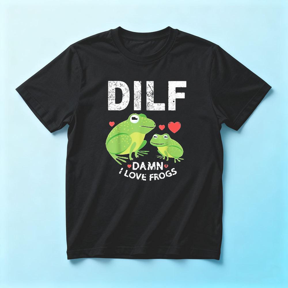 DILF Damn I Love Frogs Cute Green Frog Heart SummerunisexCotton T-Shirt Vintage Washed Animal Meme Casual Short Sleeve Blouse