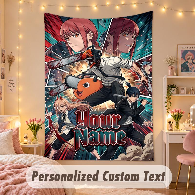 Custom Personalized Tapestry,Chainsaw Man Print Custom Name Text Wall Art Hanging for Bedroom