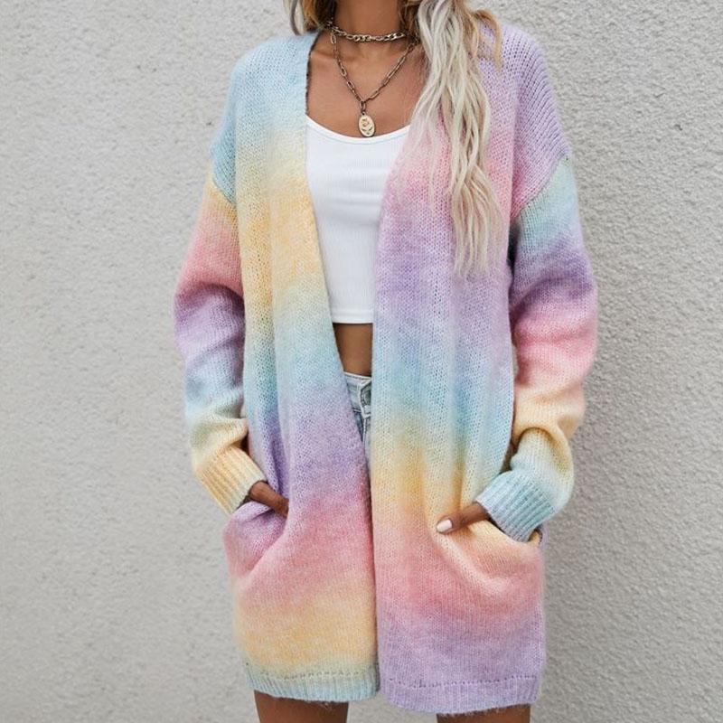 

2023 Зимний свитер Радужный кардиган большого размера, женский свитер-пальто S розовый