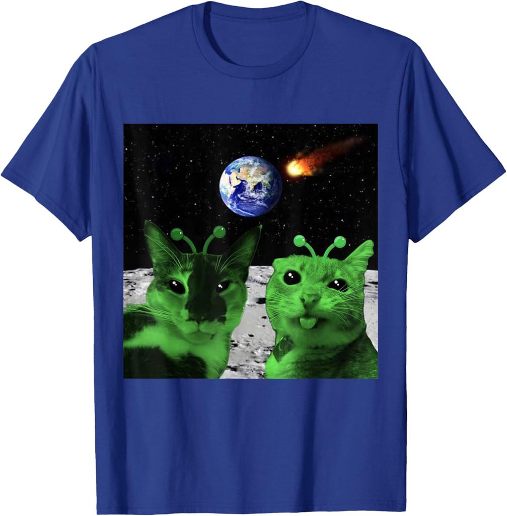 Alien Cats Moon Meteor Earth Invasion Graphic Tee Men's Casual Cotton T-Shirt
