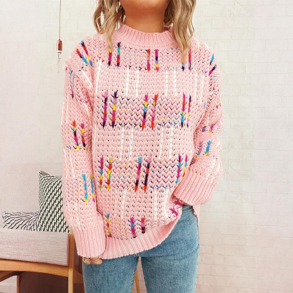 Women's Casual Cute Style Colorful Striped Plaid Contrast Color Knitted Pullover Sweater