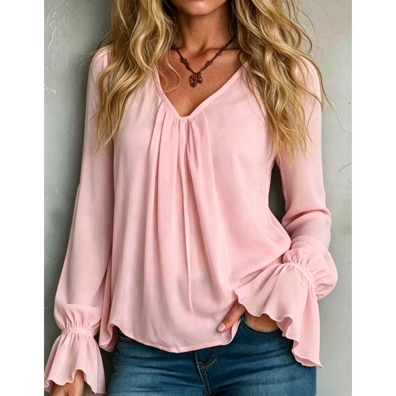 Women S V Neck Loose Fit Solid Color Long Sleeve Shirt