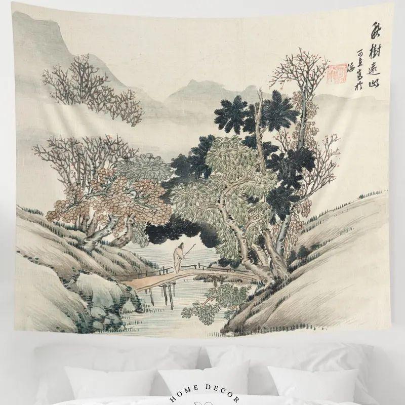 Asian Japanese tapestry black white 75x100