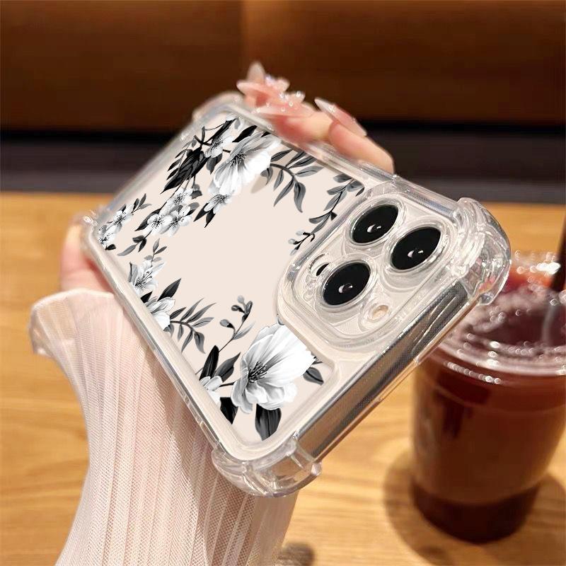 Floral Print Clear Slim Shockproof Case For iPhone 16 Pro 16E 15 Pro Max 14 13 12 11 Anti-Fall Soft Silicone Transparent Phone Cover