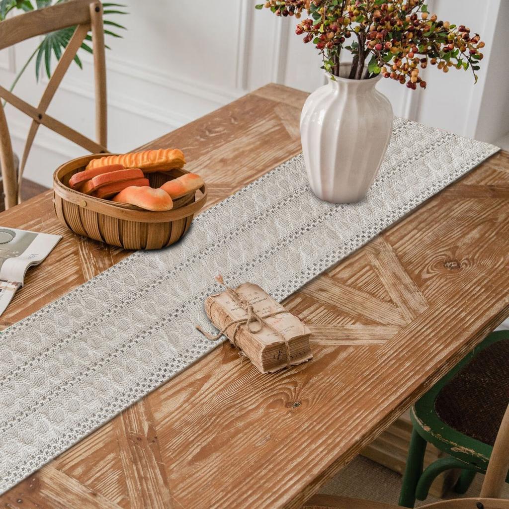 Luxurious Color Blocked Cotton And Linen Table Flag, Hollowed Out Woven Long Tassel Restaurant Decorative Tablecloth