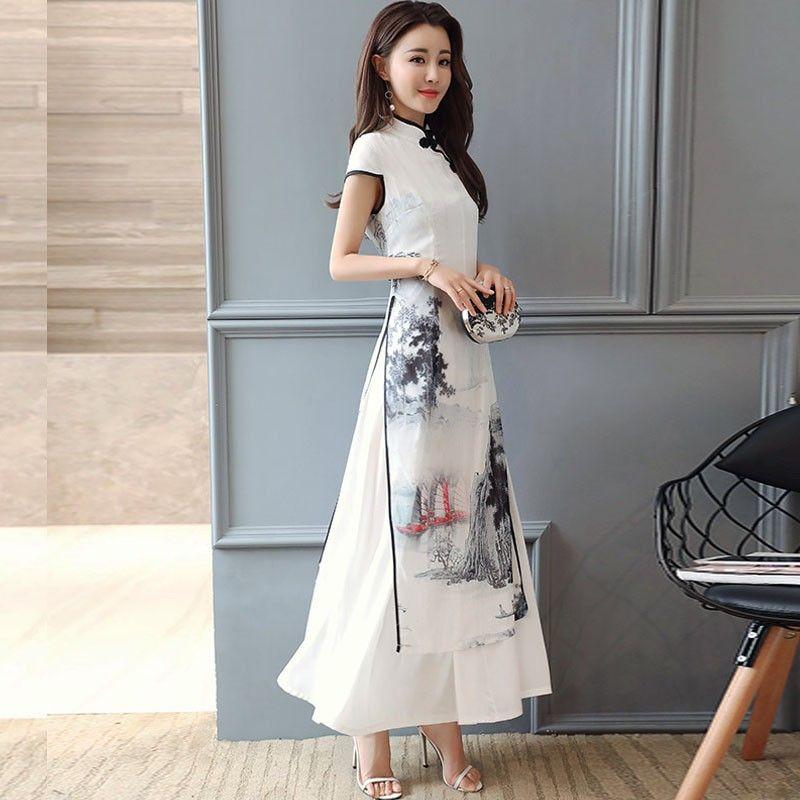 Improved Cheongsam Women's Retro Chinese Landscape Painting Style Long Dress