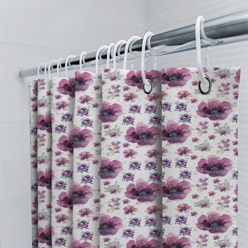 Purple Flower Waterproof Shower Curtain Watercolor Design Decorative Bath Mat For Home Bathroom Decoration (White) [240X180Cm]