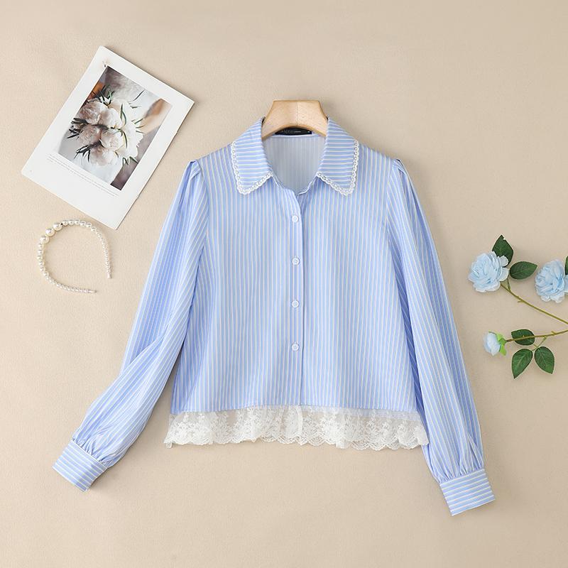 ZANZEA Kobiety Casualowy Kołnierzyk z Wykładanym Kołnierzykiem Długi Rękaw Koronkowa Wstawka Paski Bluzka