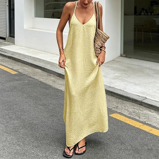Abito Sexy da Donna Senza Schiena Scollo a V con Laccetto Senza Maniche Maxi Abito Estivo da Spiaggia Abito Lungo Ampio