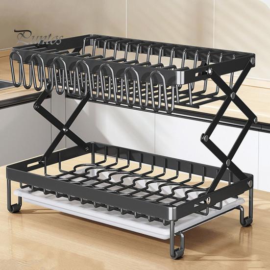 Drain Dish Rack with Wine Glass Holder Strong Load-bearing Height Adjustable 2-Tier Kitchen Counter Drying Rack Utensil Holder