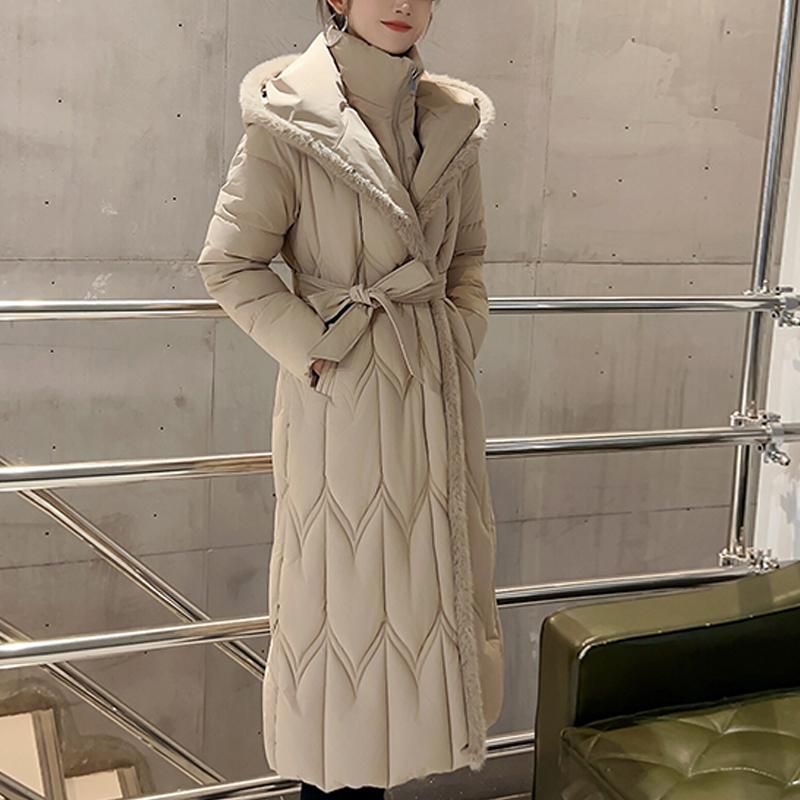 Plussstørrelse L-7XL Mote Vinterjakker Dame Lang Parkas Hette Løs Tykk Varm Overfrakk Casual Damekåper Med Belte