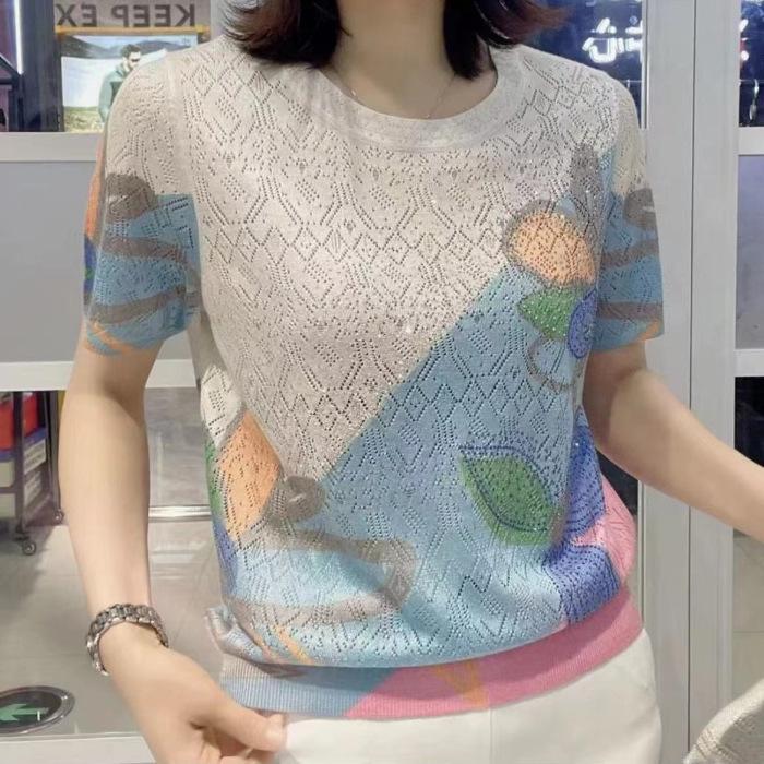 Damen Plus Size Lockeres Sommeroberteil mit Modischem Heißbohr-Print - Kurzarm, Rundhalsausschnitt