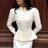 Women New Chinese Style Stand Collar Long Sleeve Waisted Puff Sleeve A Line Outerwear Coat