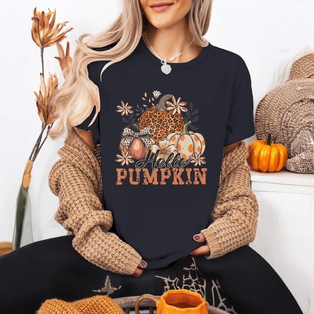 Hello Pumpkin Tshirt FeUnisex Halloween Fall Leopard Pumpkin Coquette Bow Graphic T Shirts Spooky Season Short Sleeve Tee Top