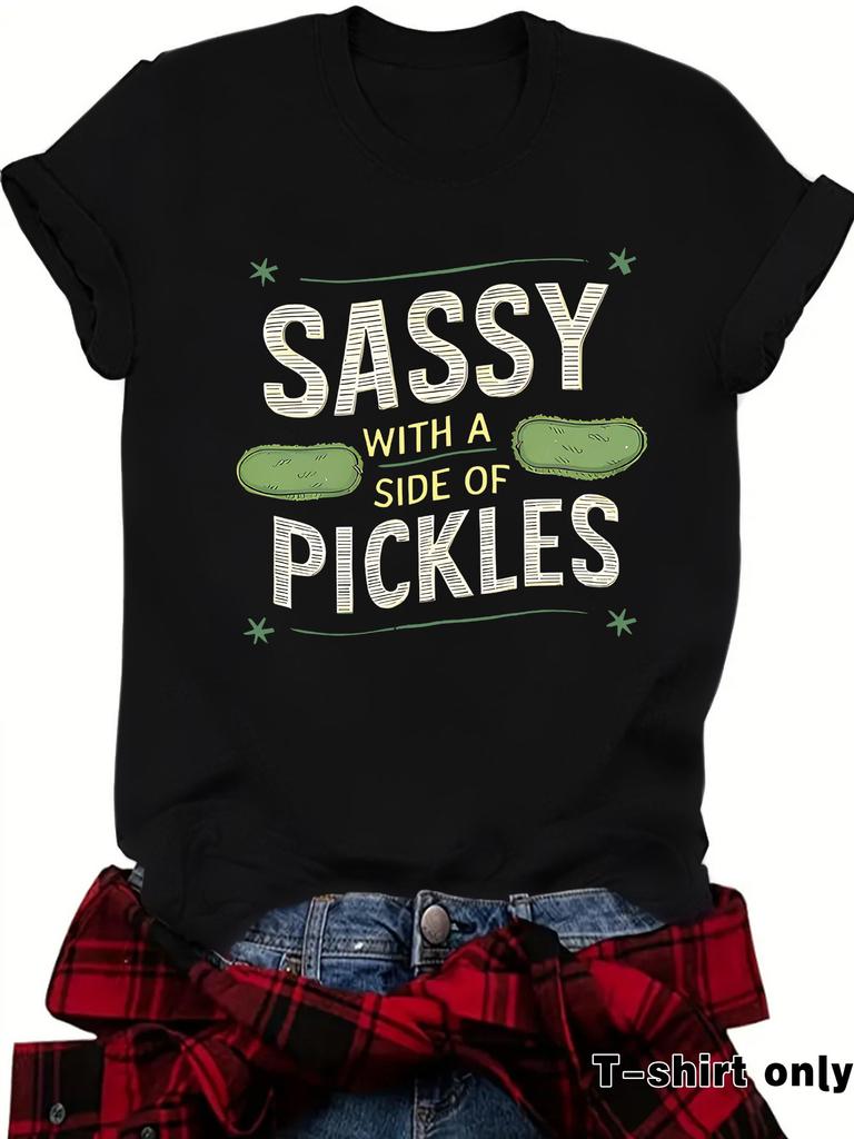 Women's Summer Round Neck Short Sleeve T-shirt Playful Cucumber Pattern Print Comfort T-shirt