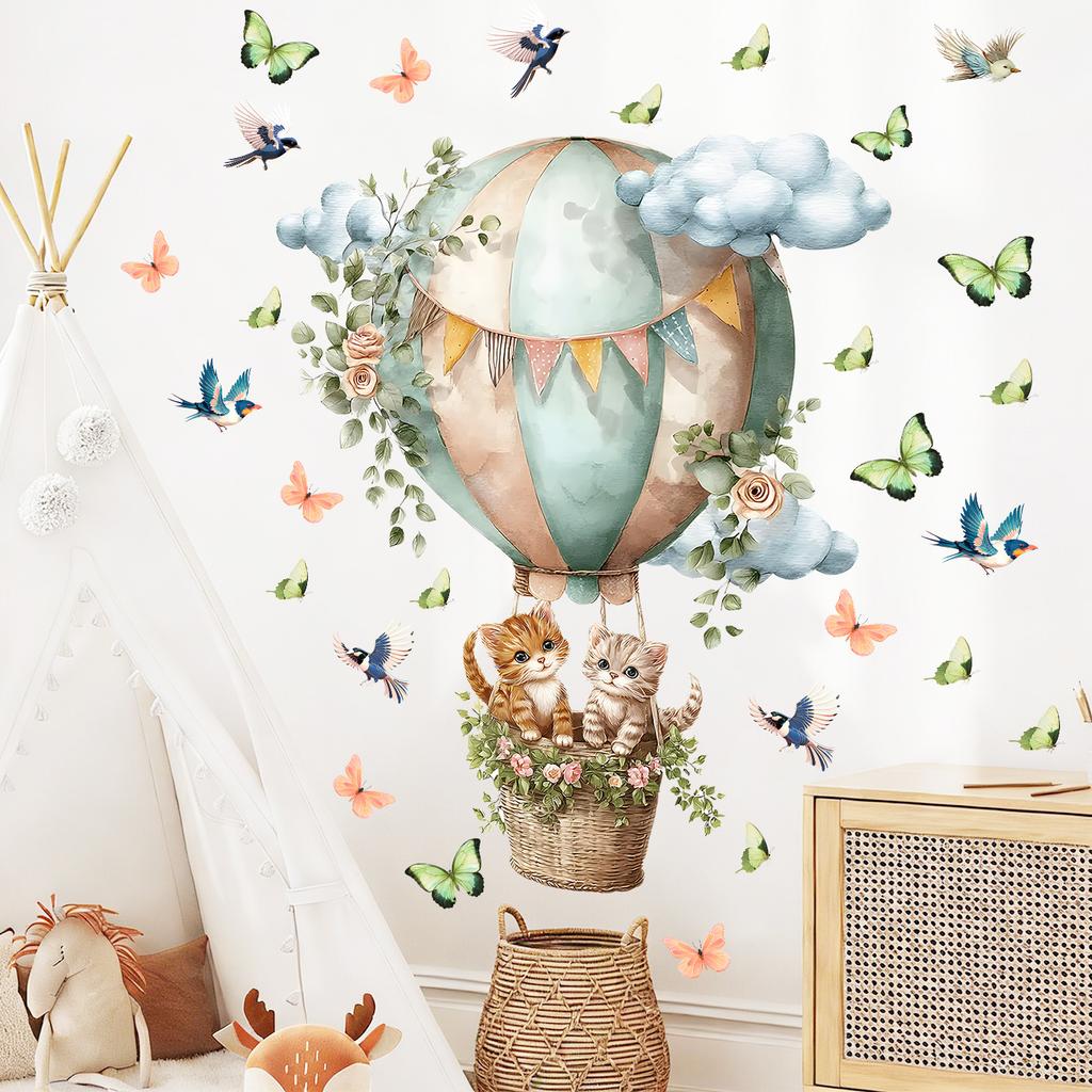 Watercolor Hot Air Balloon Cat Wall Sticker Butterfly Bird Plants Self-Adhesive Waterproof Removable Warm Home Decor