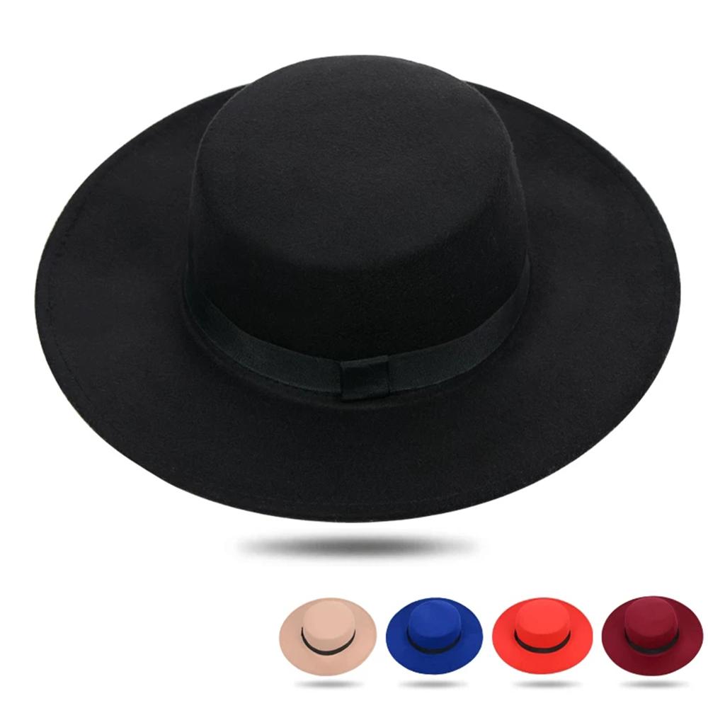 New Classic Solid Color Felt Fedoras Hat Belt for Men Women Blend Jazz Cap Wide Brim Simple Church Derby Flat Top Hat Mujer
