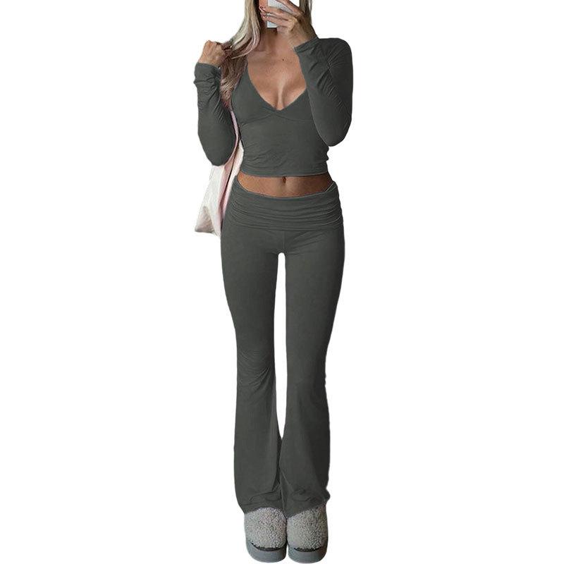 Autumn Women Deep V Neck Flared Pants Sport Casual Set For Women